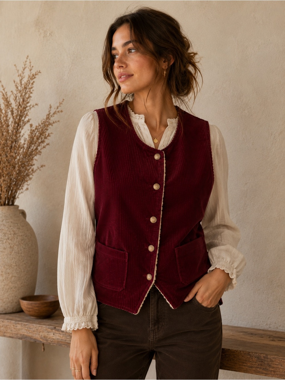 Vintage Burgundy Corduroy Sherpa Lined Vest Snap Front Maroon Rustic Granola